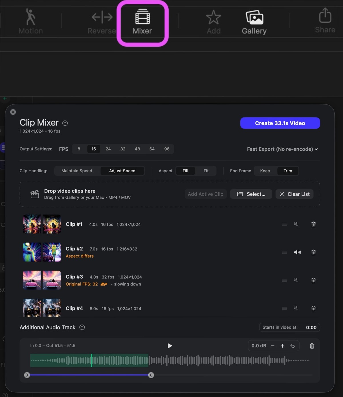 Clip Mixer interface showing timeline editing with trim and audio controls