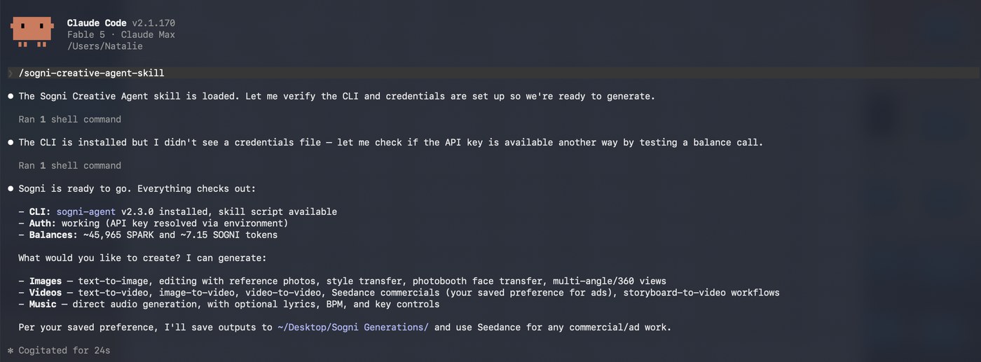 The Sogni Creative Agent Skill running inside Claude Code