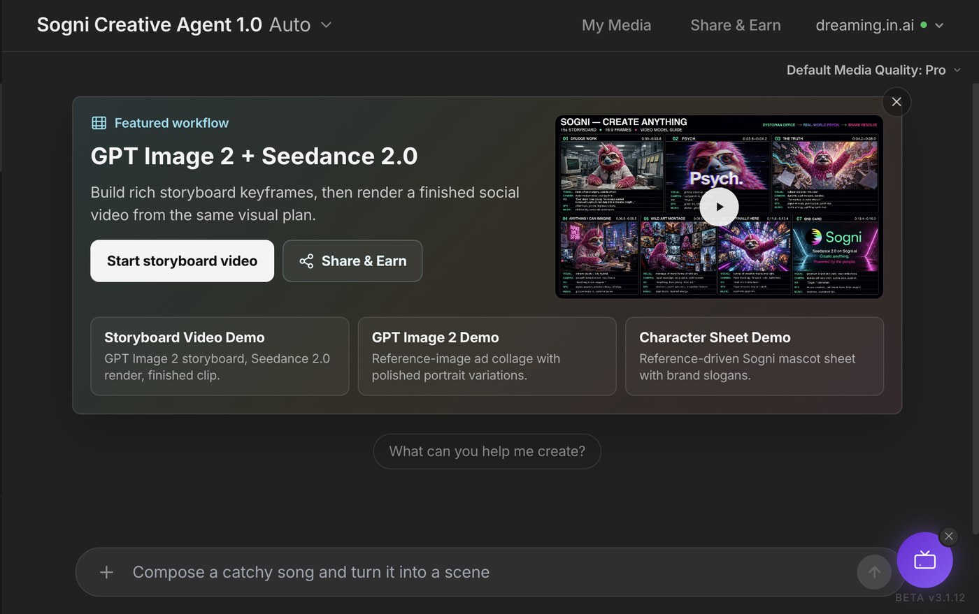 GPT Image 2 + Seedance 2.0 — the featured workflow in Sogni Creative Agent