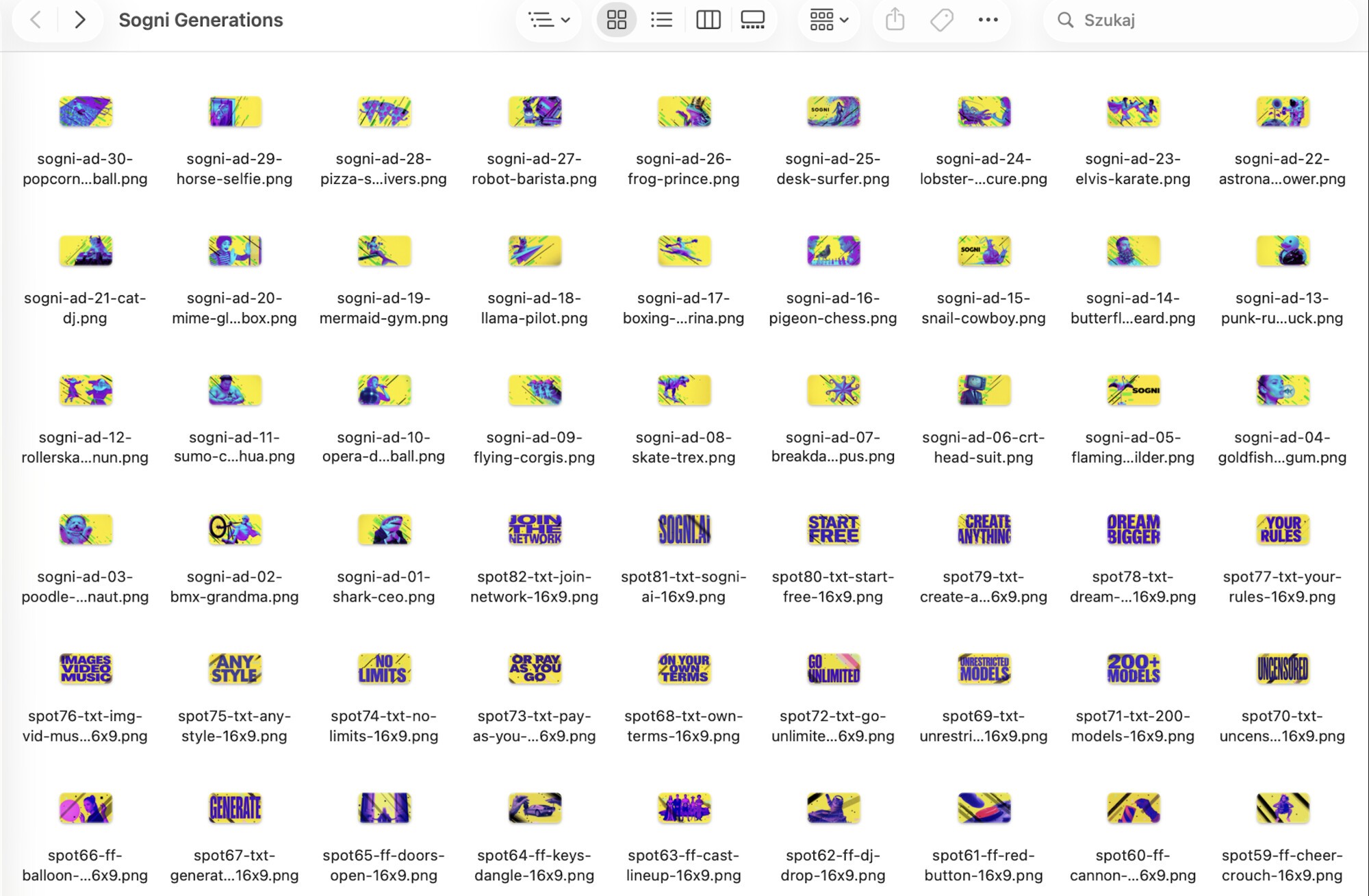 The Sogni Generations folder: a full campaign of consistently styled images, each saved as a named file