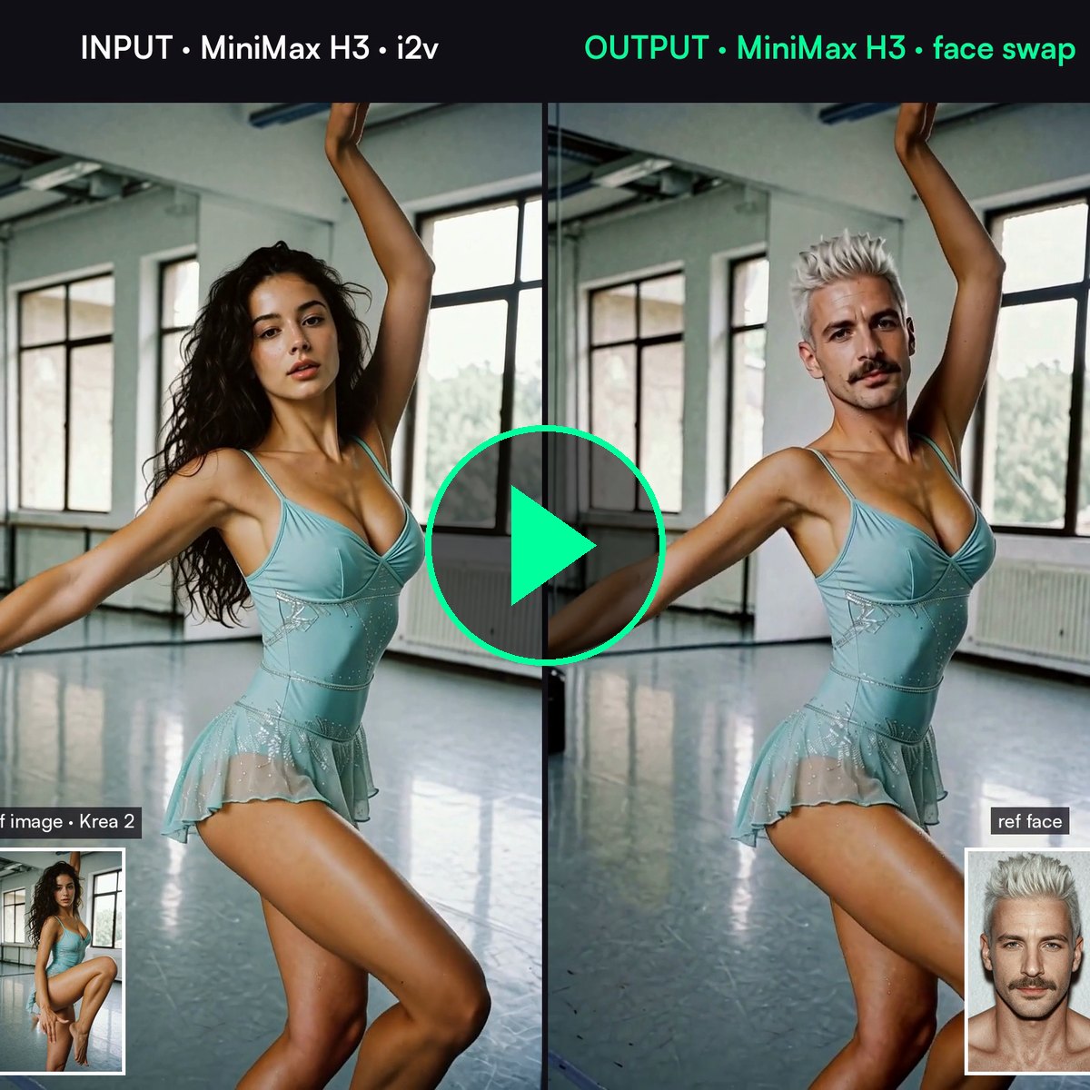 A MiniMax H3 image to video clip with a reference face applied in a second pass. Watch the video.