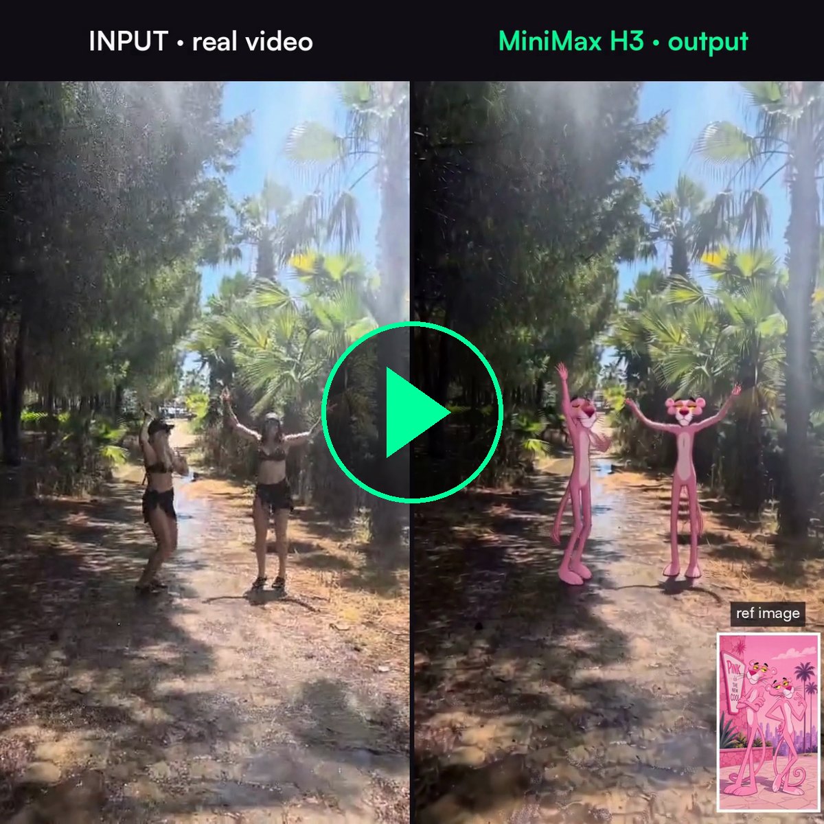 Real footage recast with a reference character using MiniMax H3 R2V Turbo. Watch the video.