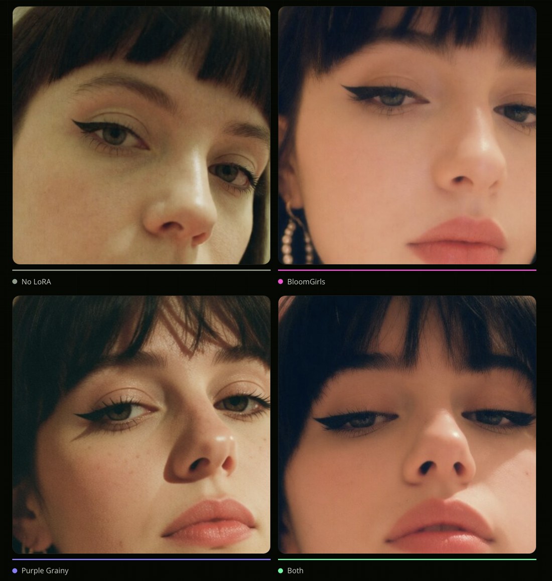 The same portrait rendered with no LoRA, BloomGirls, Purple Grainy, and both stacked together