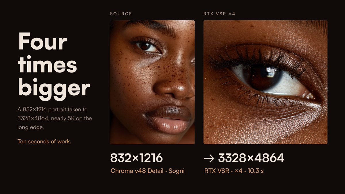 A 832 by 1216 portrait upscaled to 3328 by 4864 with RTX VSR in ten seconds
