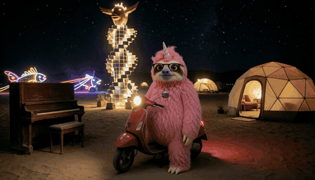Simon on his red scooter beside glowing art in the desert at night.