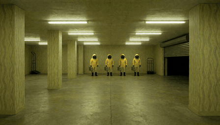 Four figures in sealed yellow suits hold grey cases in an empty yellow loading hall.