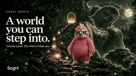 Simon, a pink sloth with glasses and a unicorn horn, in a lantern-lit forest surrounded by clickable paths in Sogni World.